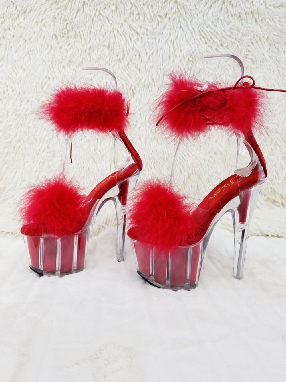 NIB Adore 724F Red Marabou Platform Shoes Sandals 7" High Heel Shoes